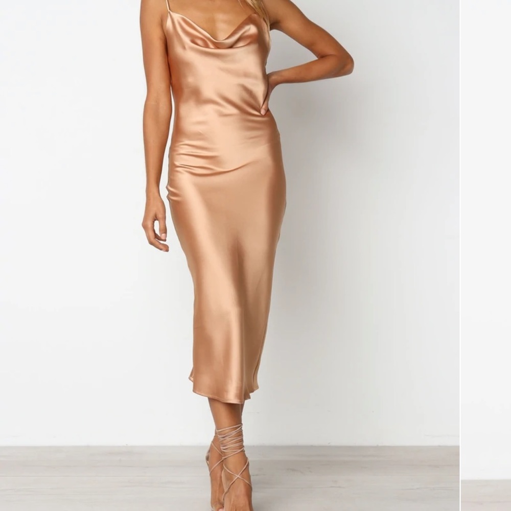 Gold satin slip dress with cowl neck from petal and pup